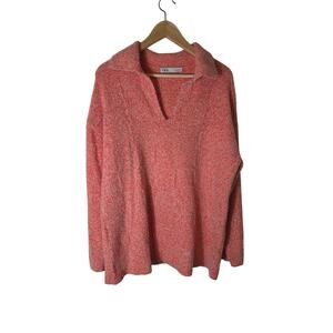 ZARA Pink Orange Heathered Checkered Boxy V-Neck Sweater SZ M